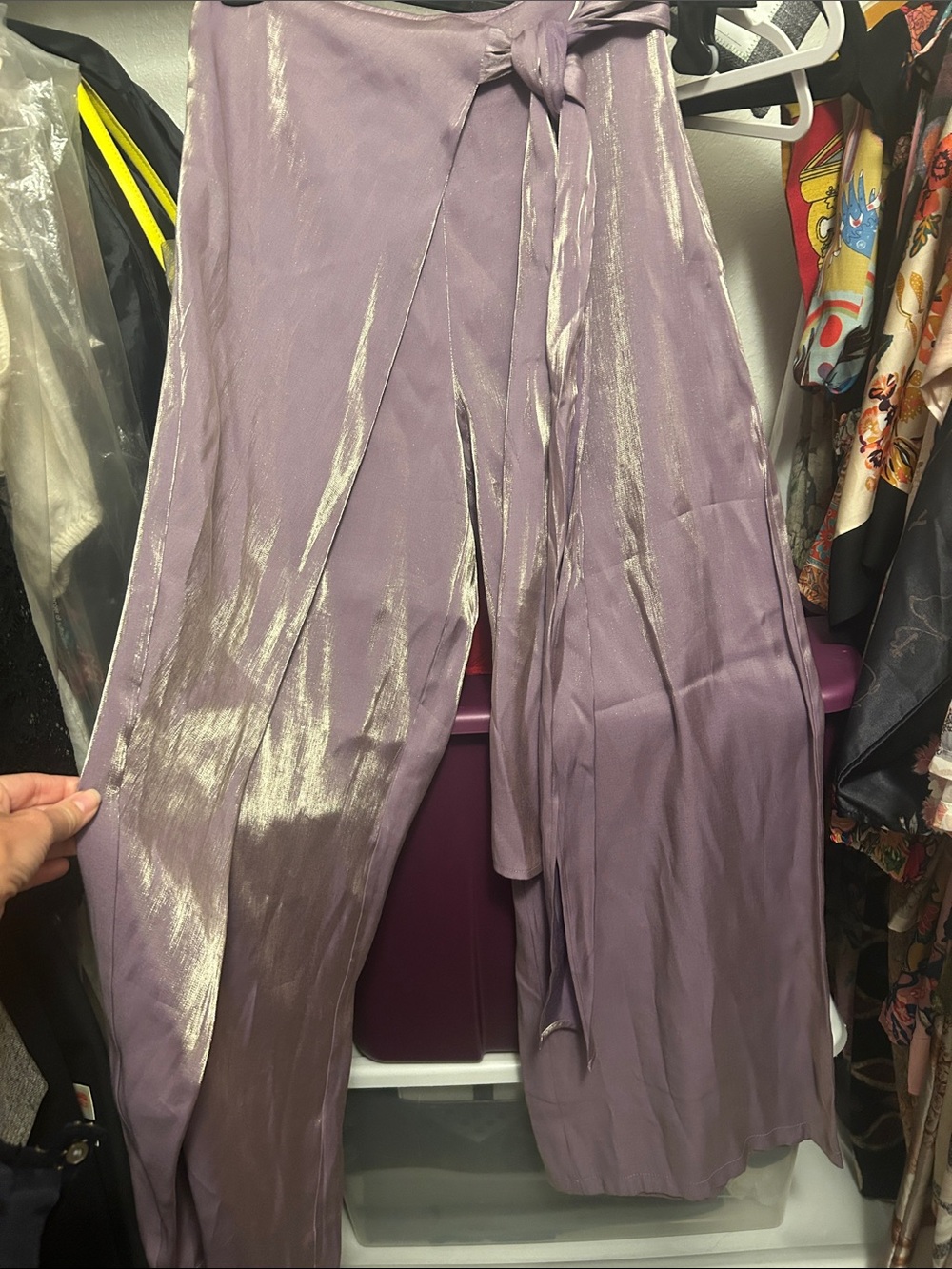 Lavender Satin Wide-Leg Pants with Tie Waist - Picture 3 of 5